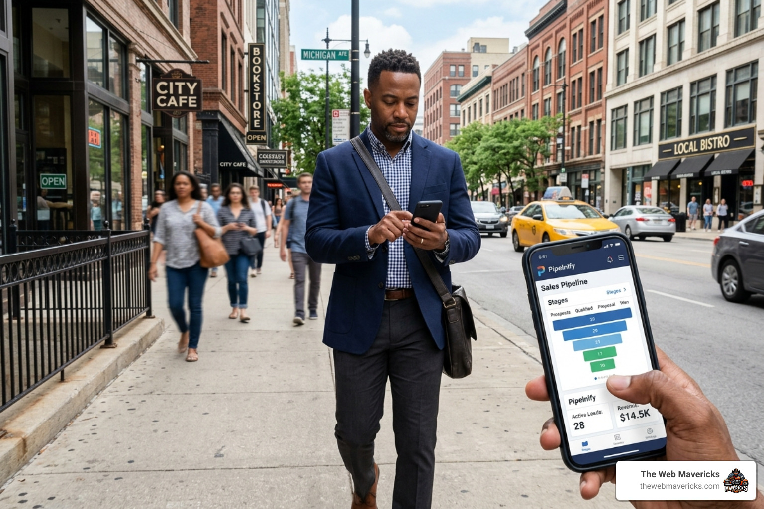 A small business owner managing their sales pipeline on a mobile device while on the go - easy crm for small business A small business owner managing their sales pipeline on a mobile device while on the go - easy crm for small business