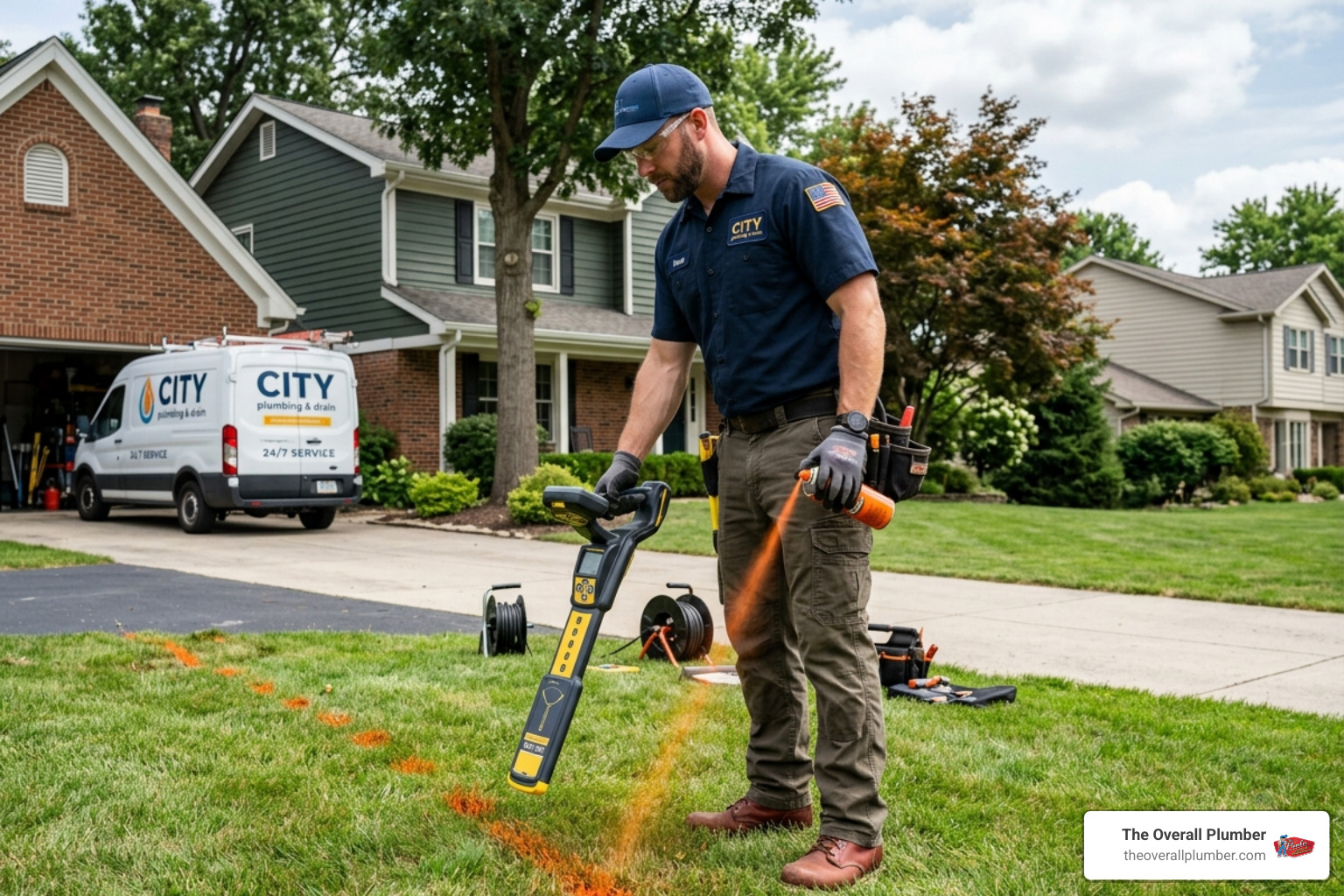 Professional plumber tracking a 512Hz sonde signal above ground to mark pipe location - camera locate sewer line