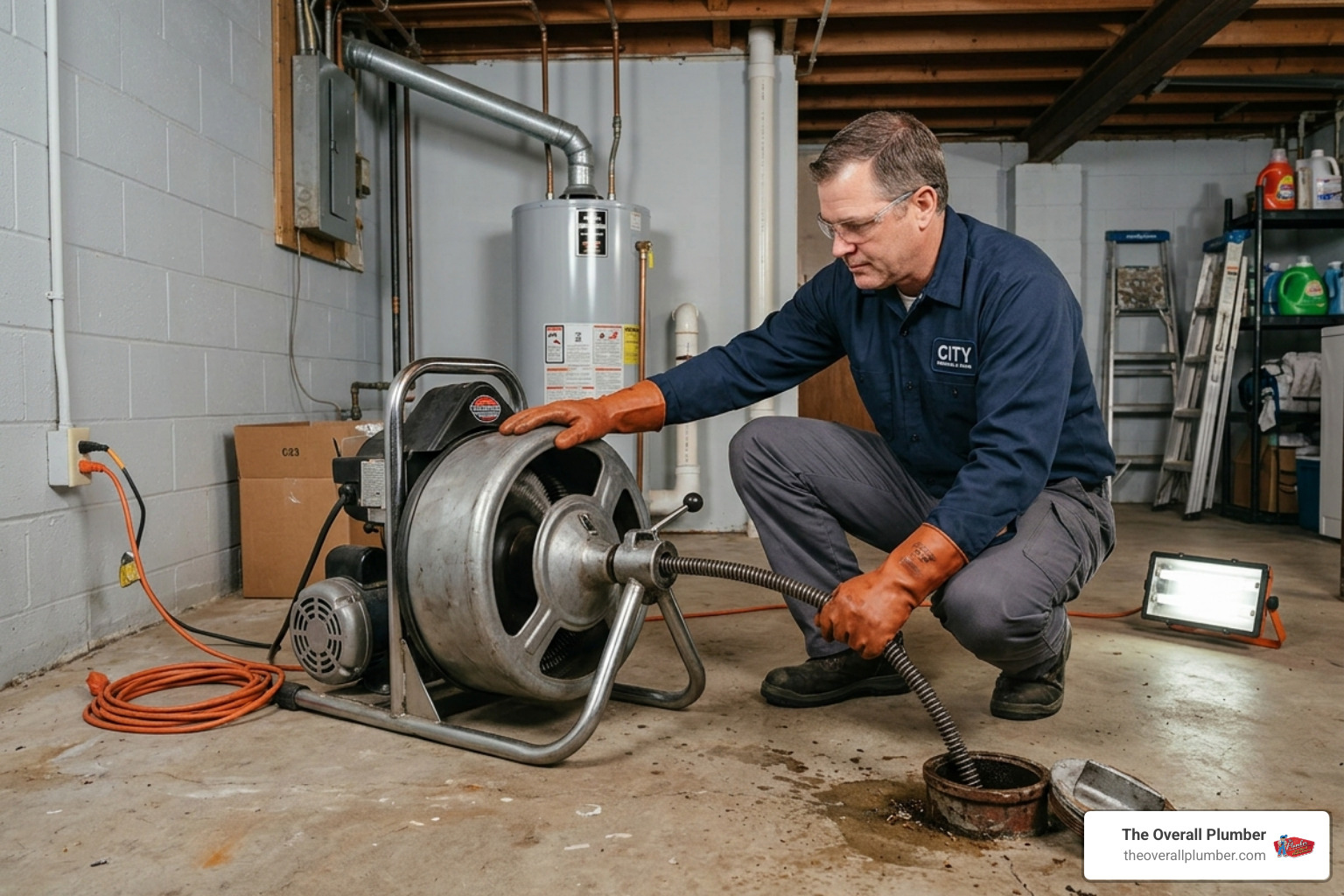 Electric drum machine being used in a basement to clear a main line - heavy duty drain auger
