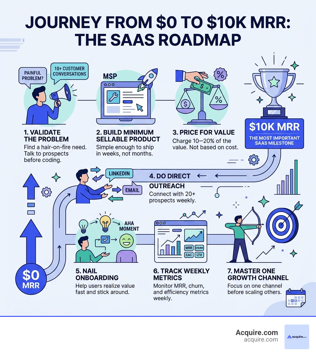 Journey from $0 to $10k MRR: key milestones including validation, MSP, pricing, sales, onboarding, and metrics - saas mrr