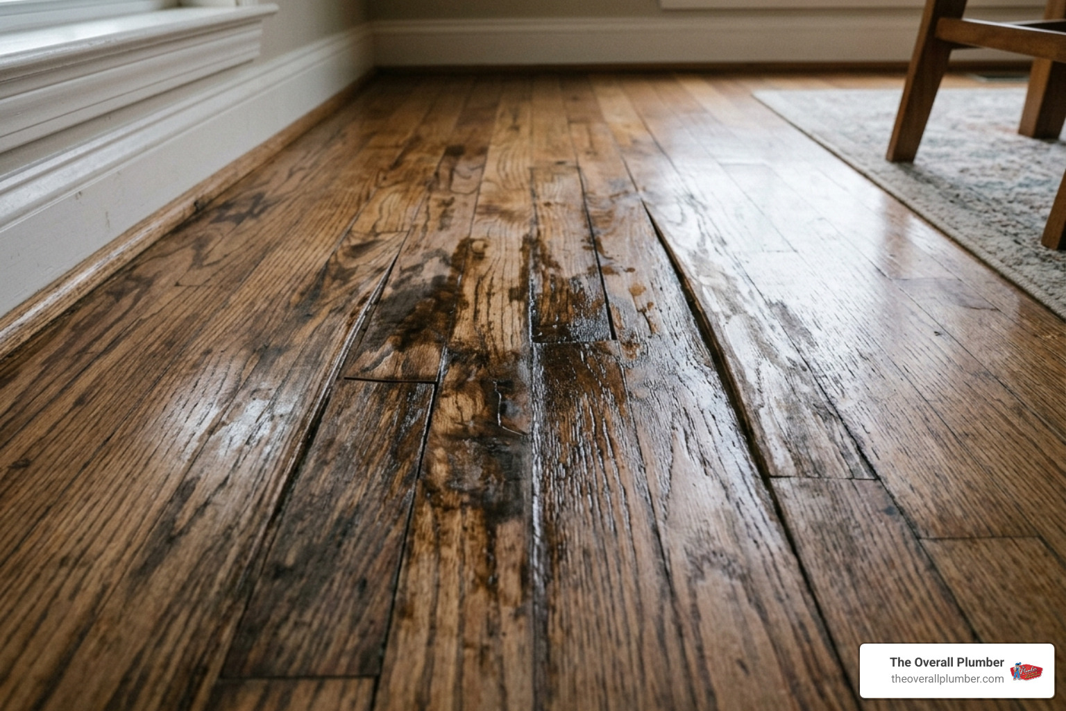 Damp spots and discoloration on a hardwood floor indicating a leak beneath the slab - water leak under concrete slab