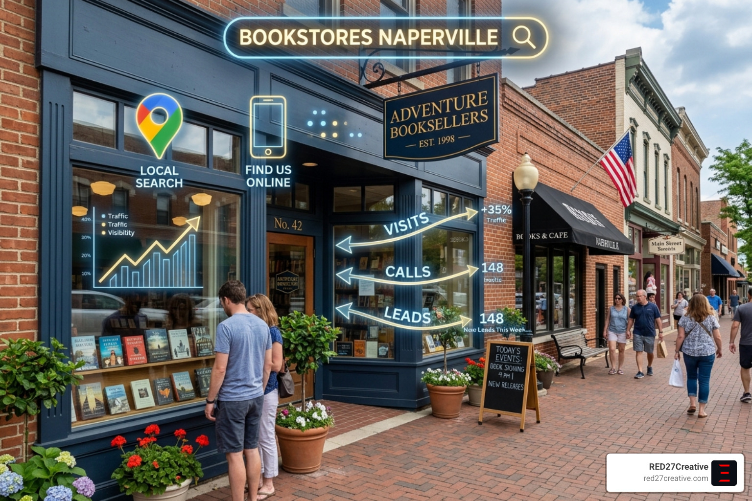 Local Naperville storefront with a digital overlay representing online search visibility and lead generation - Contact form Local Naperville storefront with a digital overlay representing online search visibility and lead generation - Contact form