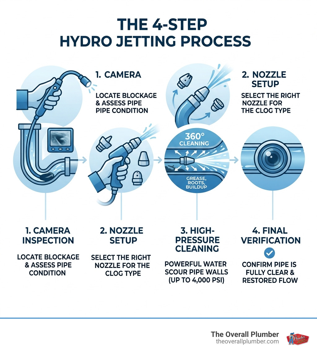 Infographic showing the 4-step hydro jetting process: camera inspection, nozzle setup, high-pressure cleaning, final