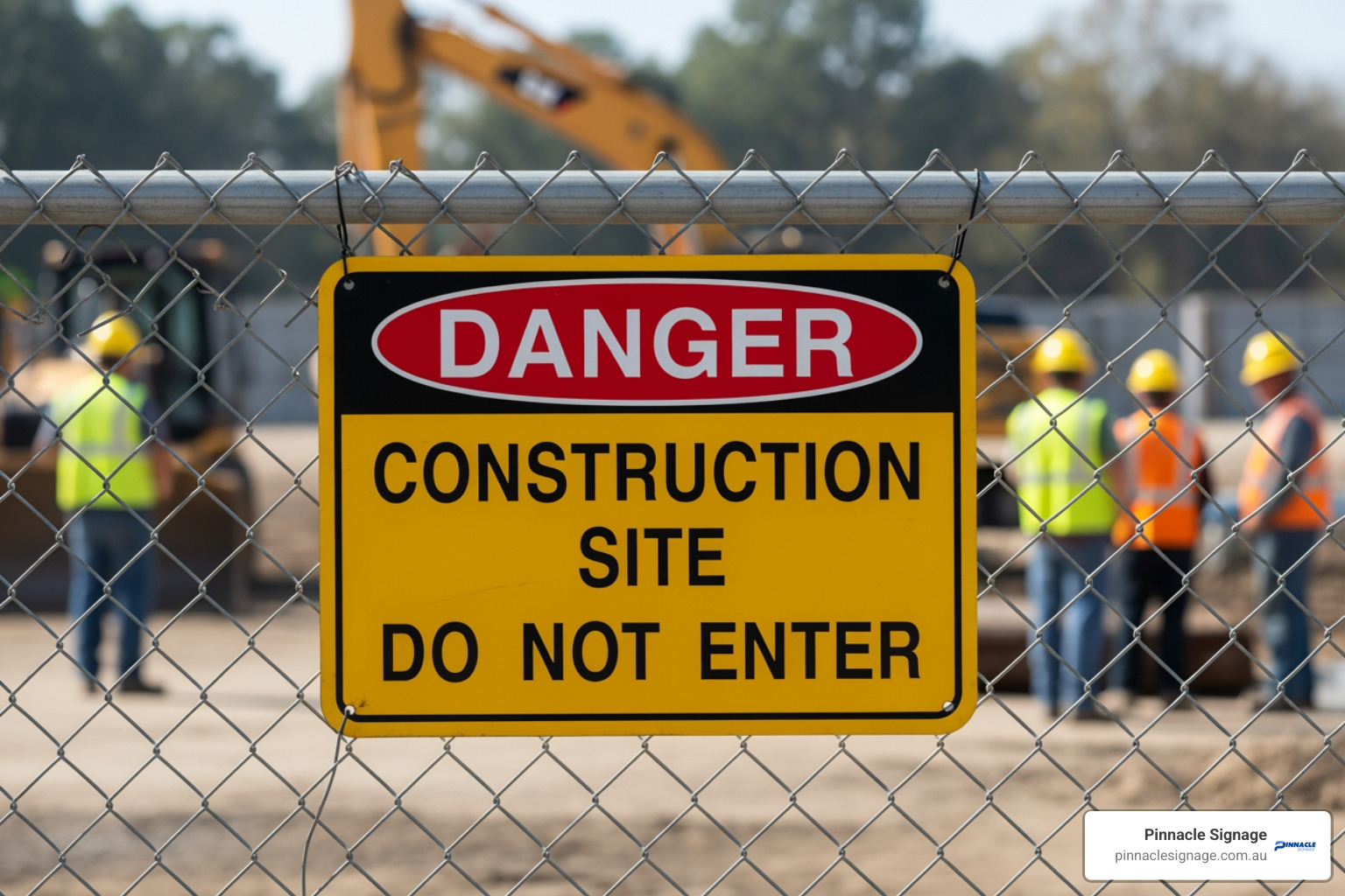 A yellow and black "Danger Construction Site Do Not Enter" sign hung on a chain-link fence, a prime example of construction site warning signs.