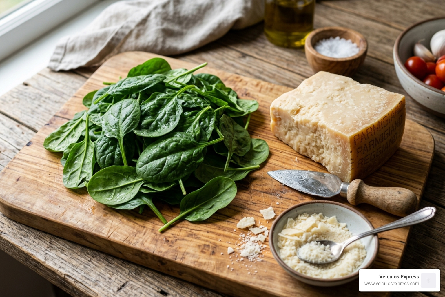 fresh baby spinach and a block of Parmesan cheese on a wooden board - pasta with spinach