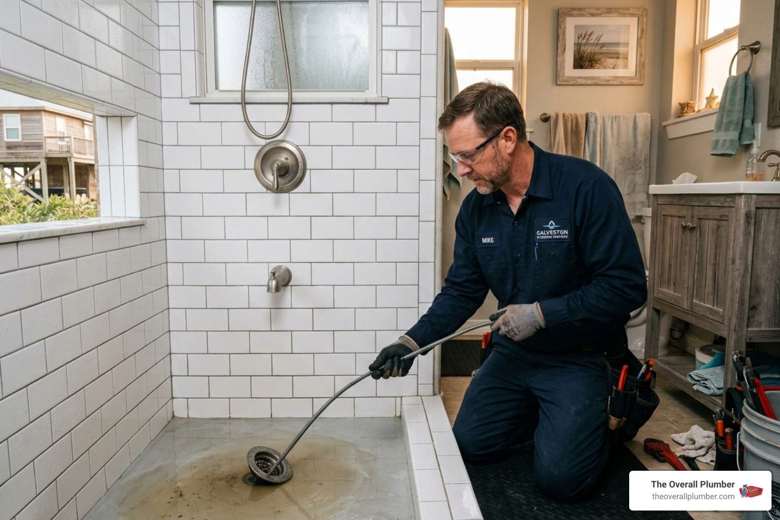 Professional plumber inspecting a slow-moving bathroom drain in a Galveston home - auger drain cleaning galveston