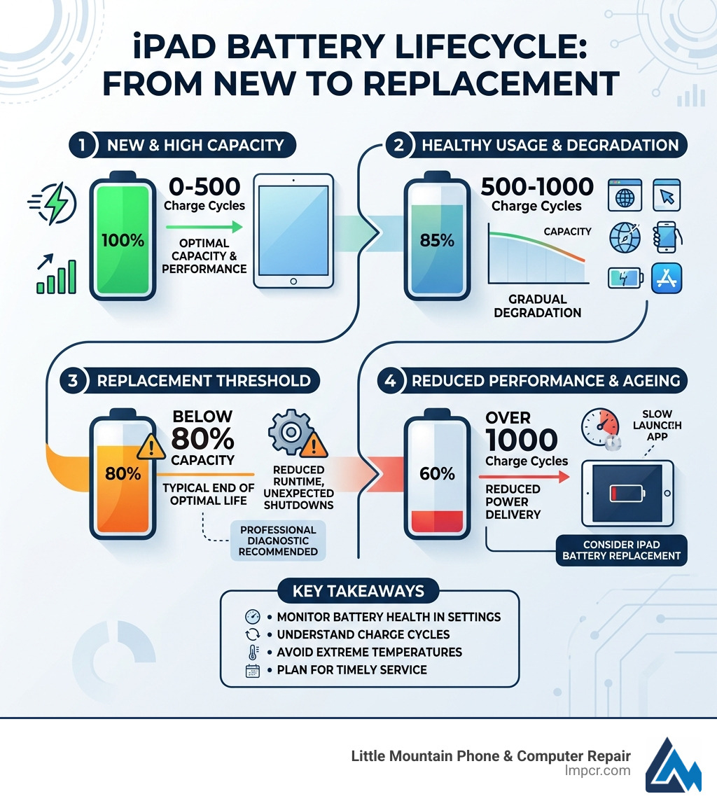 Lithium-ion battery lifecycle infographic for iPad showing charge cycles, capacity degradation, and replacement threshold