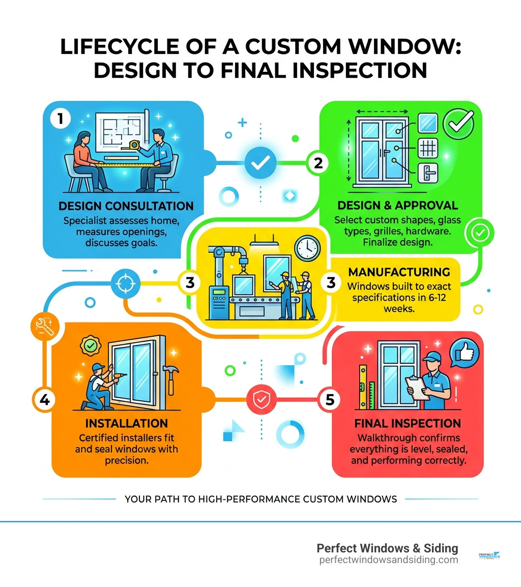 Lifecycle of a custom window from design consultation to final seal and inspection - custom window installation infographic Lifecycle of a custom window from design consultation to final seal and inspection - custom window installation infographic