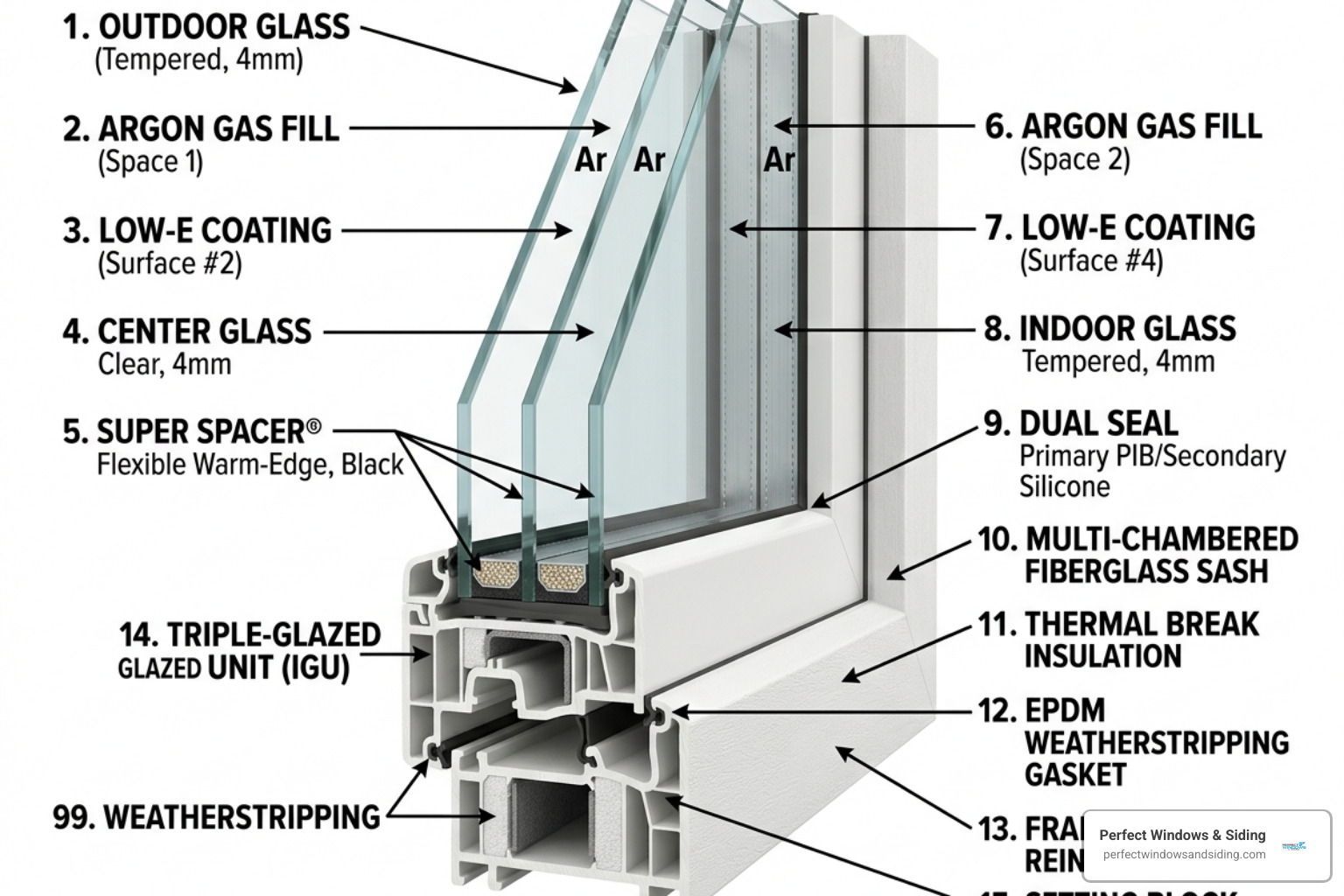 Anatomy of an energy-efficient custom window showing multiple glass layers and gas fills - custom window installation Anatomy of an energy-efficient custom window showing multiple glass layers and gas fills - custom window installation