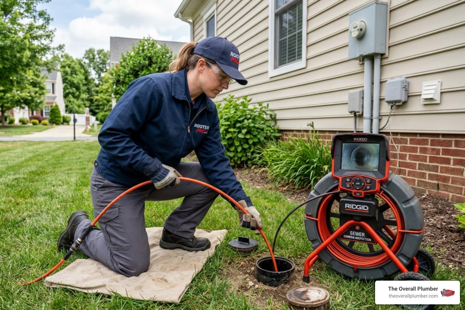 Plumber performing a sewer camera inspection to identify blockage location and pipe condition - drain line jetting