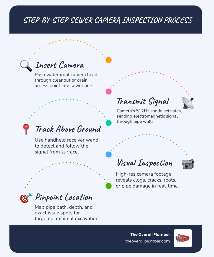 Step-by-step sewer camera inspection process infographic showing camera insertion, signal transmission, and pipe location