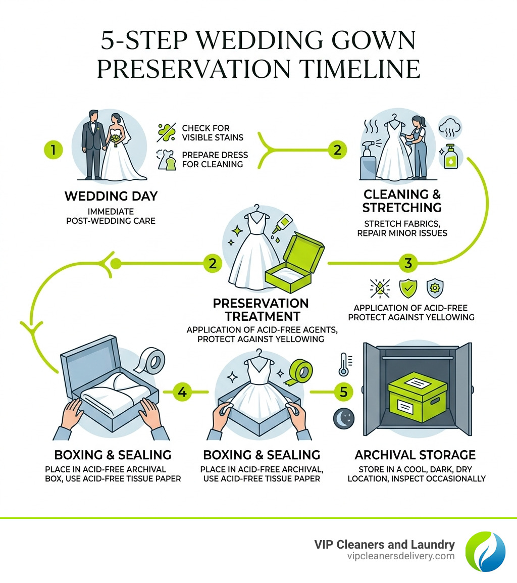 5-step wedding gown preservation timeline from wedding day to archival storage - cost to preserve wedding gown infographic 