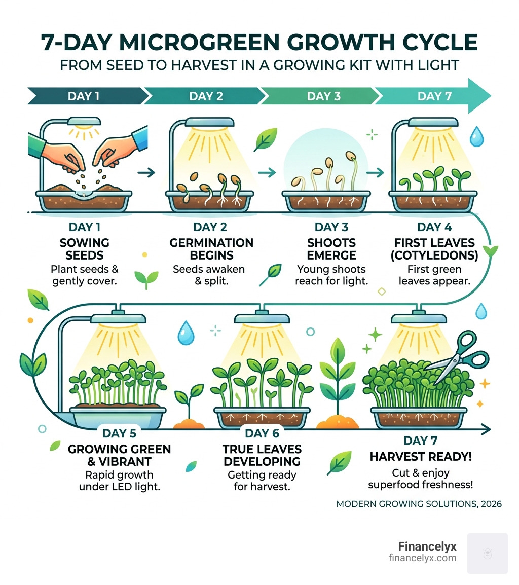 7-day microgreen growth cycle from seed to harvest infographic - microgreen growing kit with light infographic 