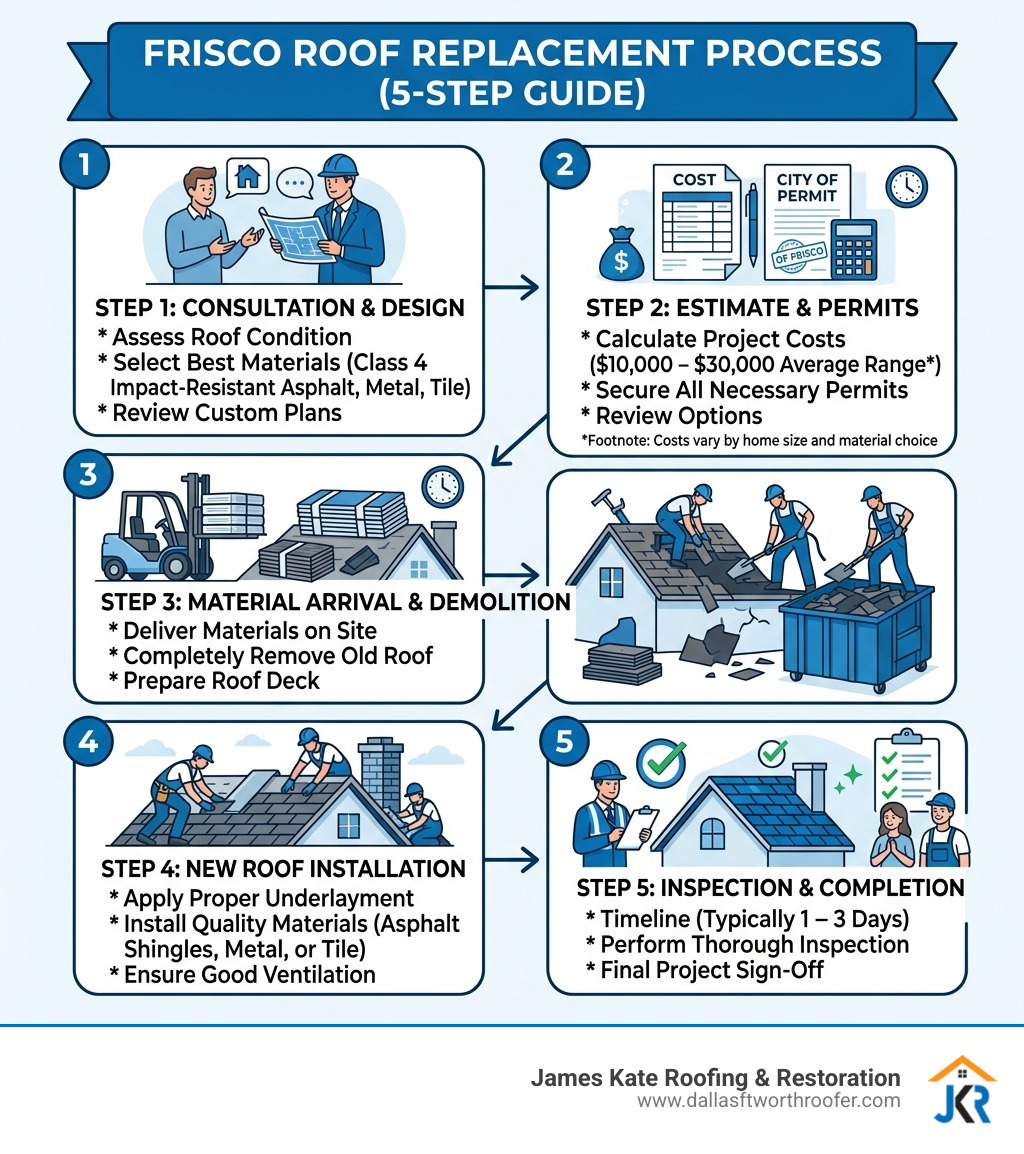5-step Frisco roof replacement process infographic with costs, materials, timeline, permits, and inspection - Frisco roof 5-step Frisco roof replacement process infographic with costs, materials, timeline, permits, and inspection - Frisco roof