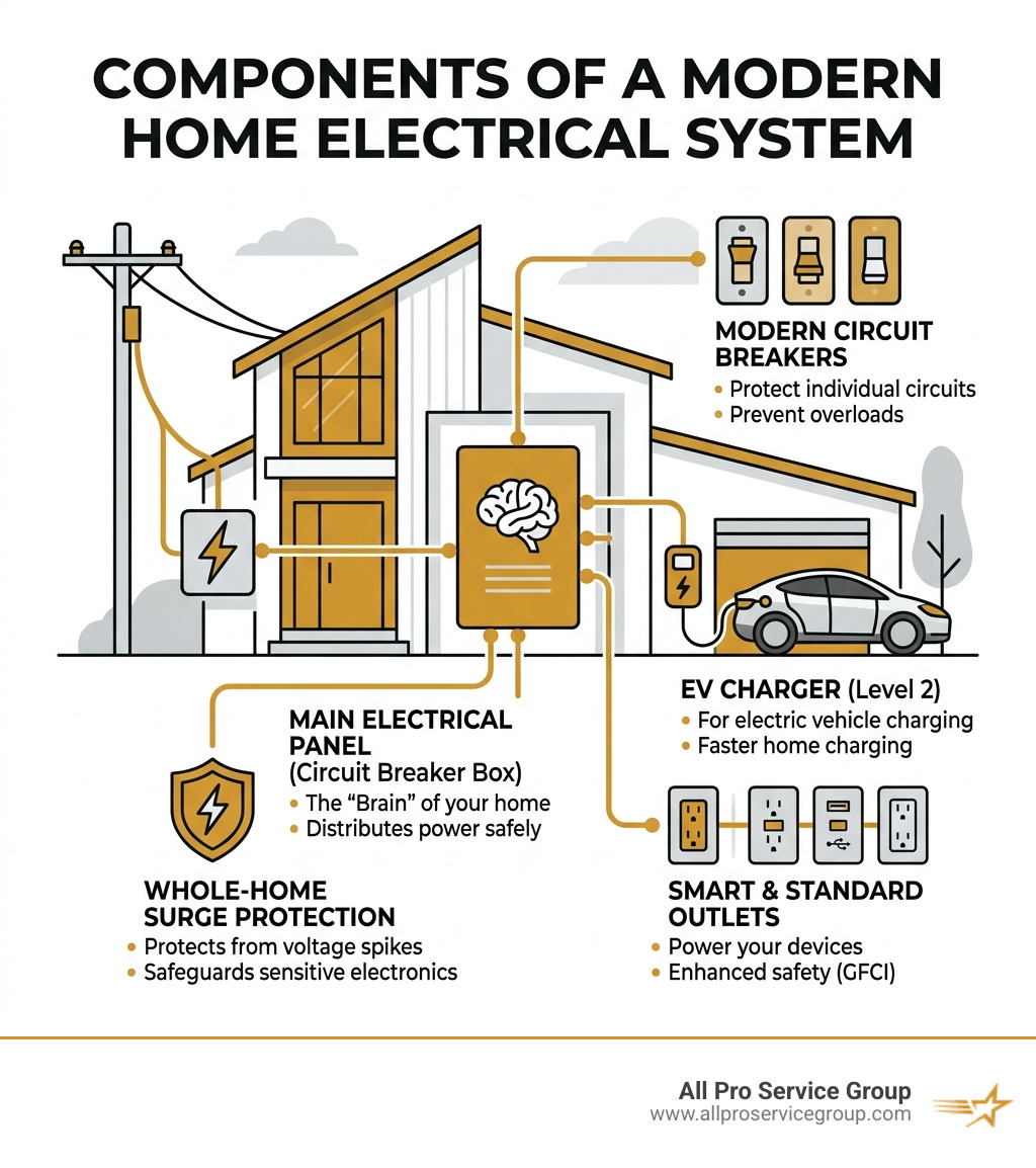 components of a modern home electrical system including panel, circuits, outlets, EV charger, and surge protection