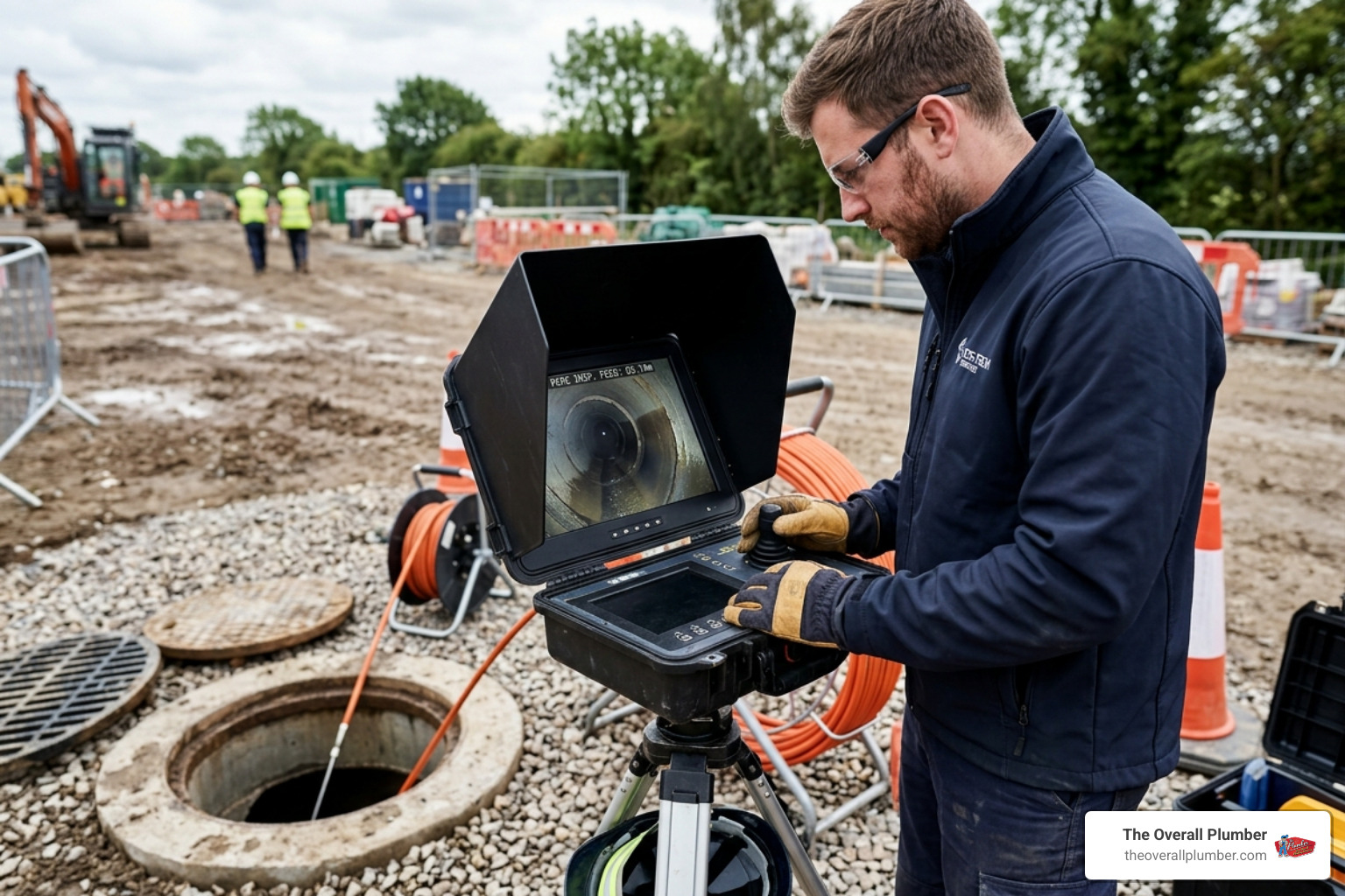 Technician using a pipe camera monitor with a sun visor for outdoor inspection - camera to look in pipes