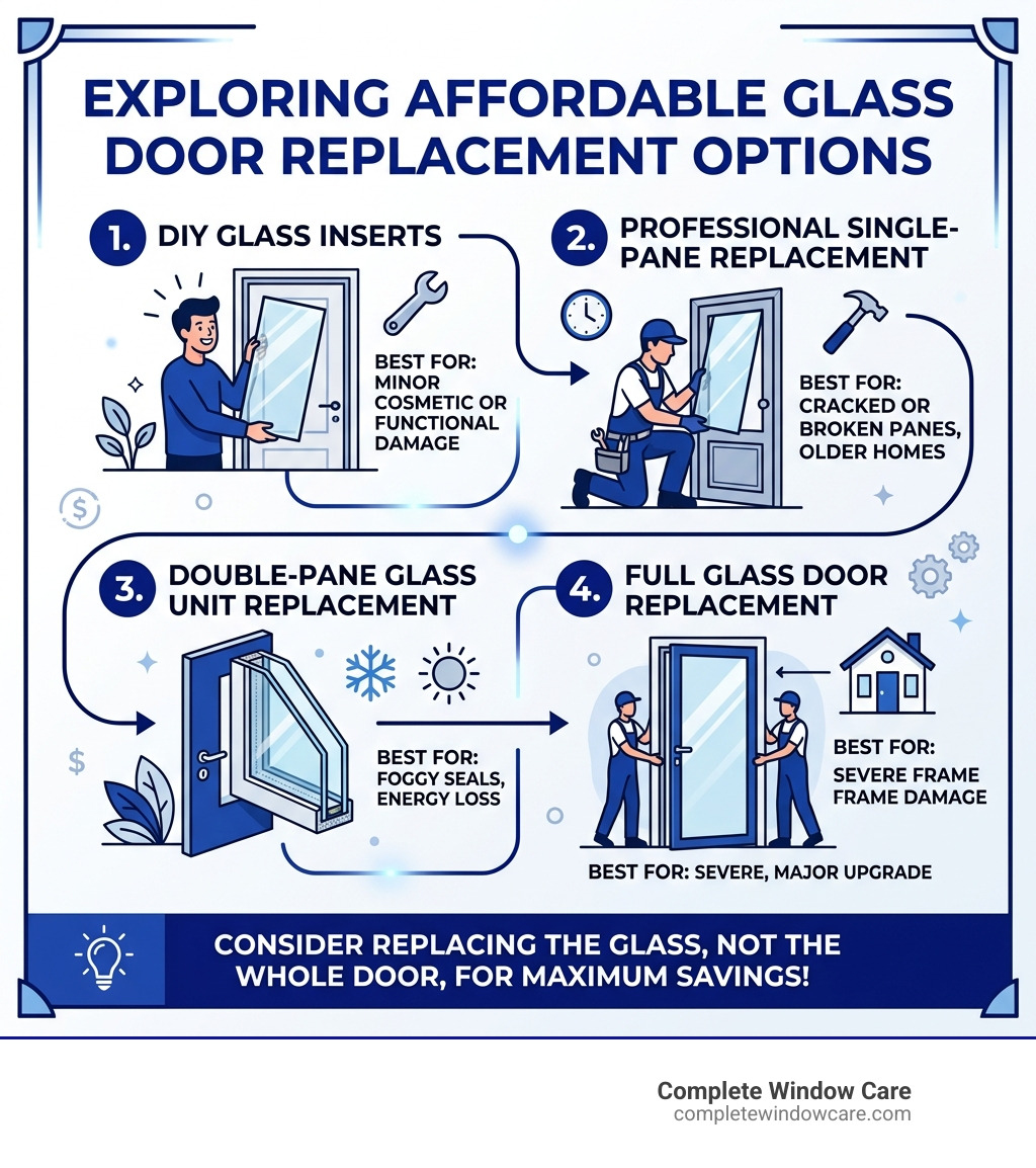 Infographic showing affordable glass door replacement options from DIY inserts to full professional replacement - affordable