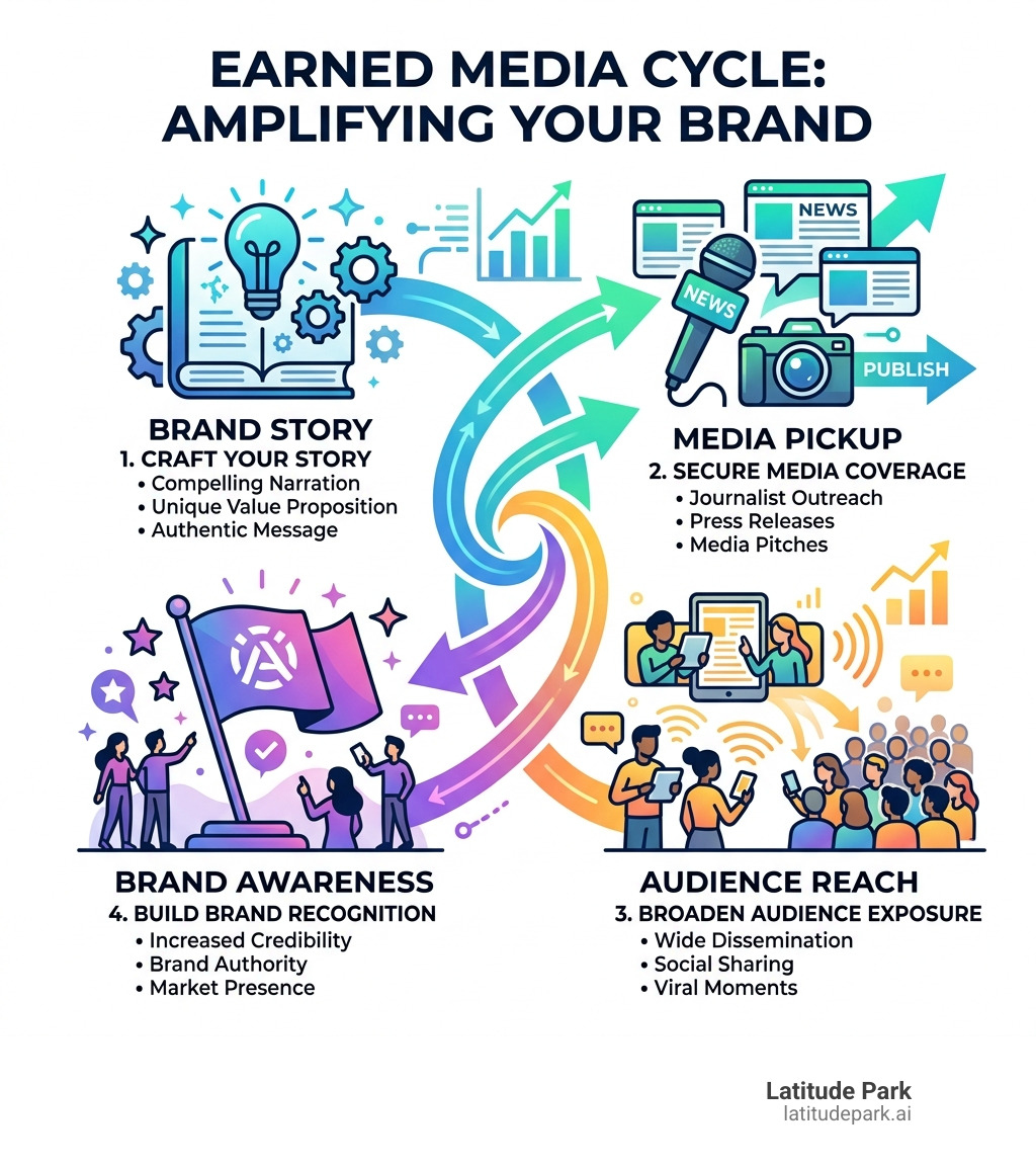 Infographic showing the earned media cycle: brand story to media pickup to audience reach to brand awareness - publicity