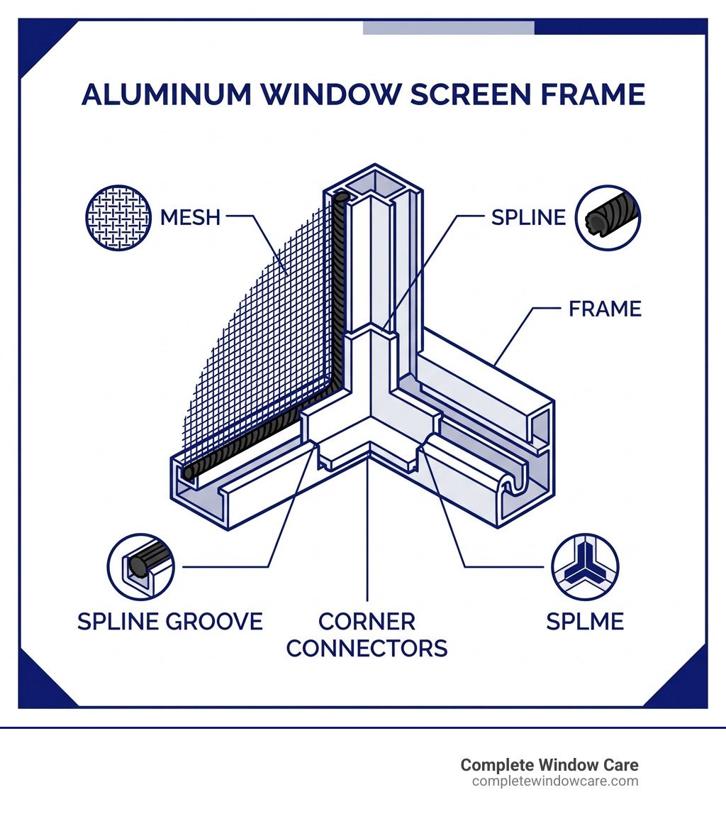 Components of an aluminum window screen frame labeled: mesh, spline, frame, corner connectors, and spline groove - replace