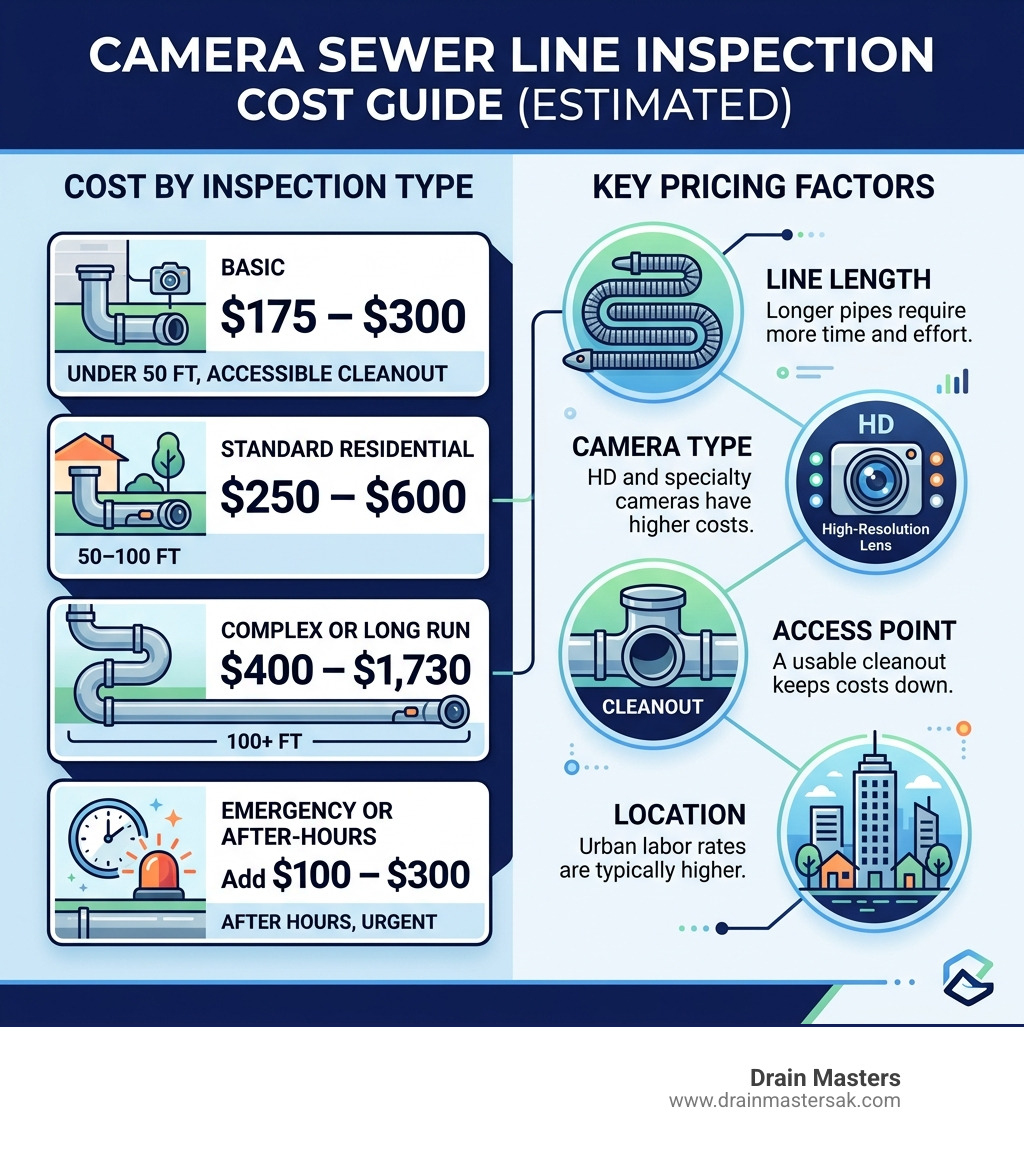 infographic showing average sewer camera inspection cost ranges by inspection type and key pricing factors - camera sewer
