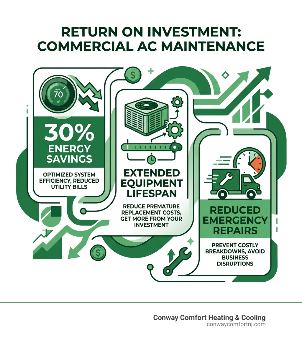 Infographic showing ROI of commercial AC maintenance: 30% energy savings, extended equipment lifespan, reduced emergency