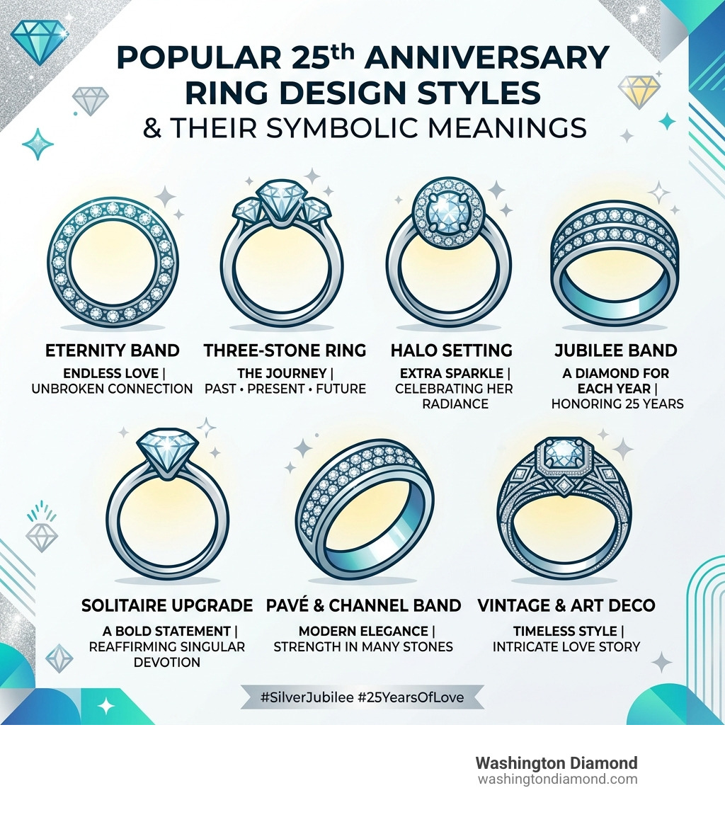 Infographic showing popular 25th anniversary ring design styles and their symbolic meanings - 25th anniversary ring designs