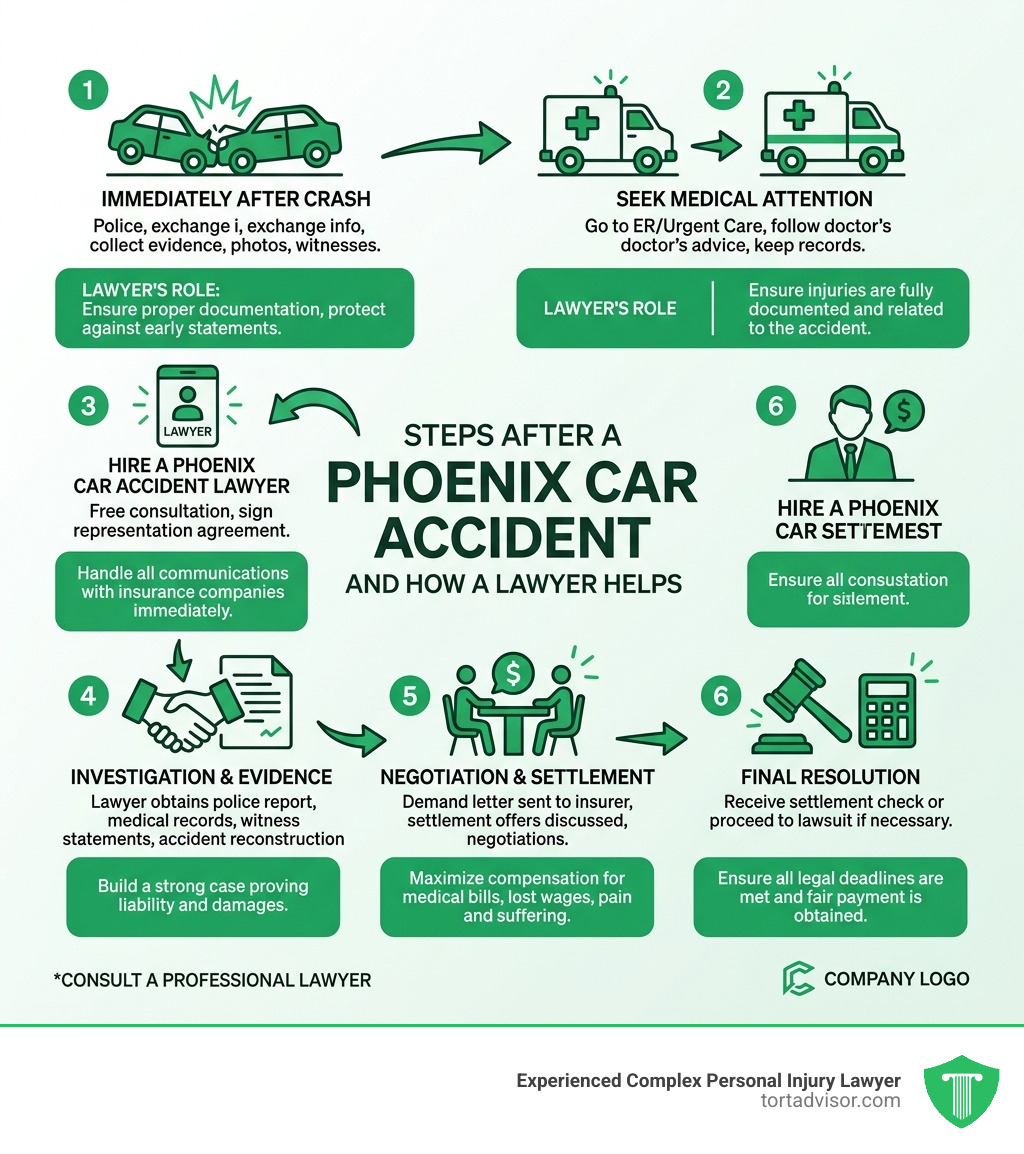 Steps to take after a Phoenix car accident and how a lawyer helps at each stage - car accident lawyer phoenix infographic Steps to take after a Phoenix car accident and how a lawyer helps at each stage - car accident lawyer phoenix infographic