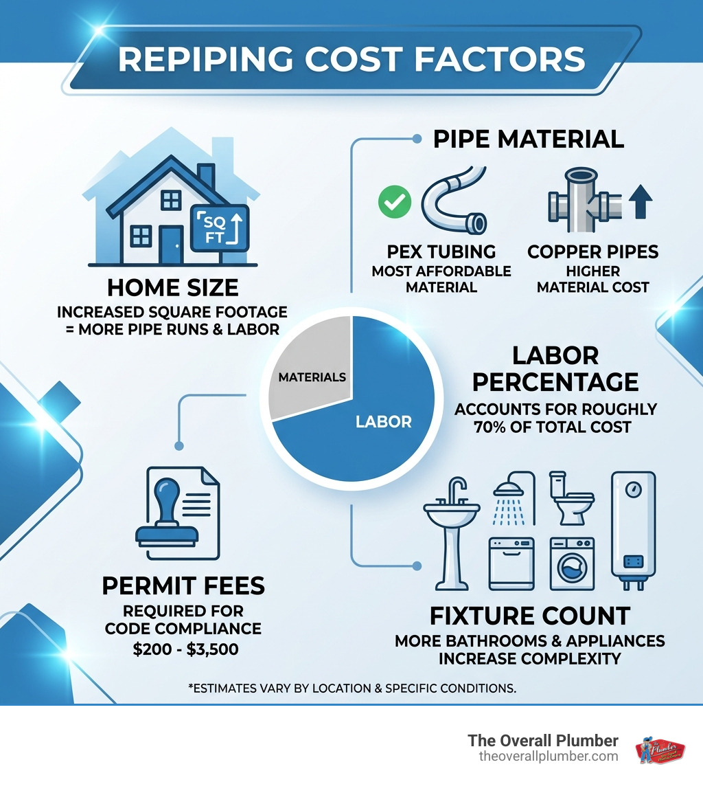 Infographic showing repiping cost factors: home size, pipe material, labor percentage, permit fees, and fixture count