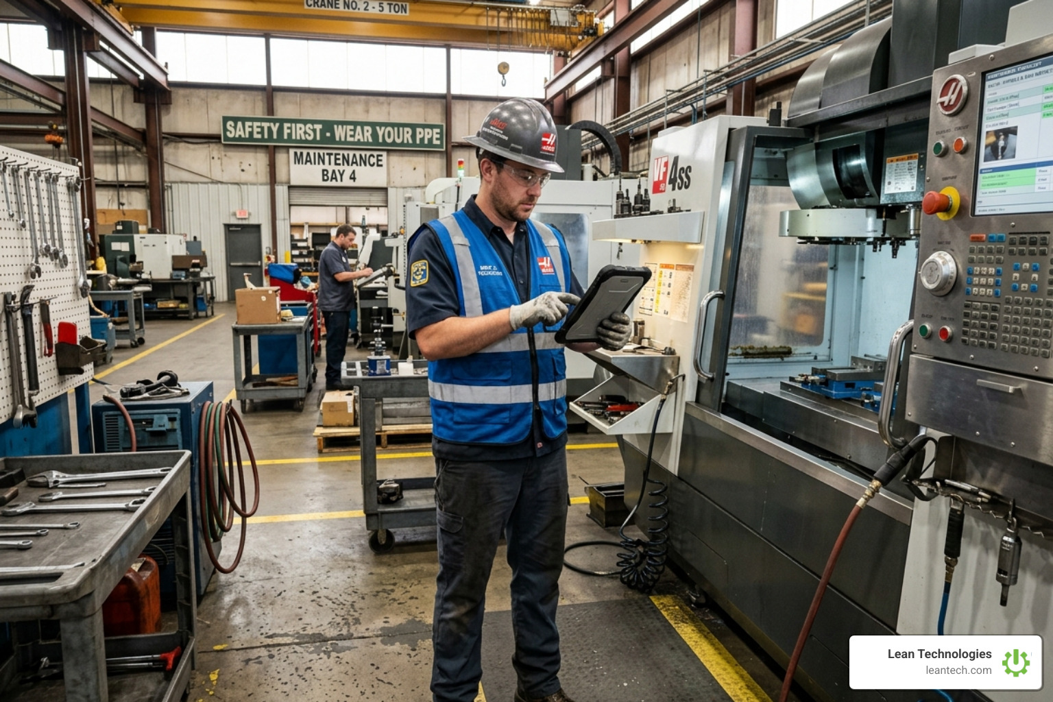 Technician using a mobile tablet to complete a digital maintenance checklist on the shop floor - preventive maintenance