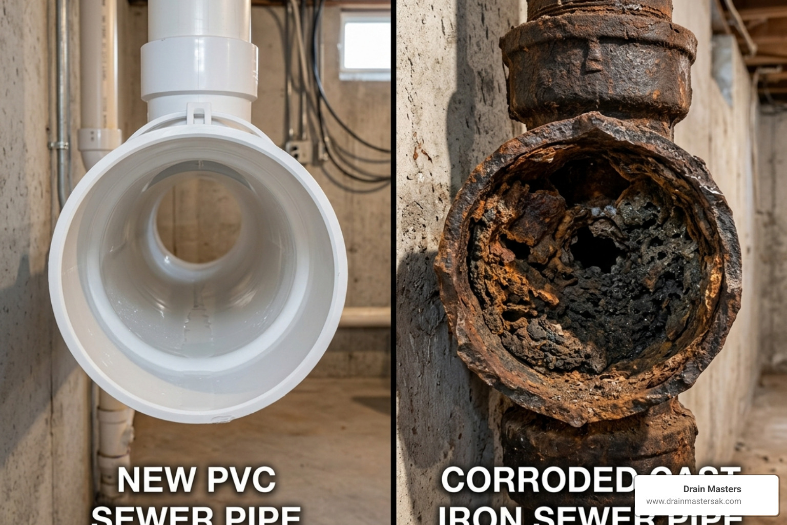 Split-screen showing a clear PVC pipe vs. a corroded cast iron pipe - camera sewer line inspection cost