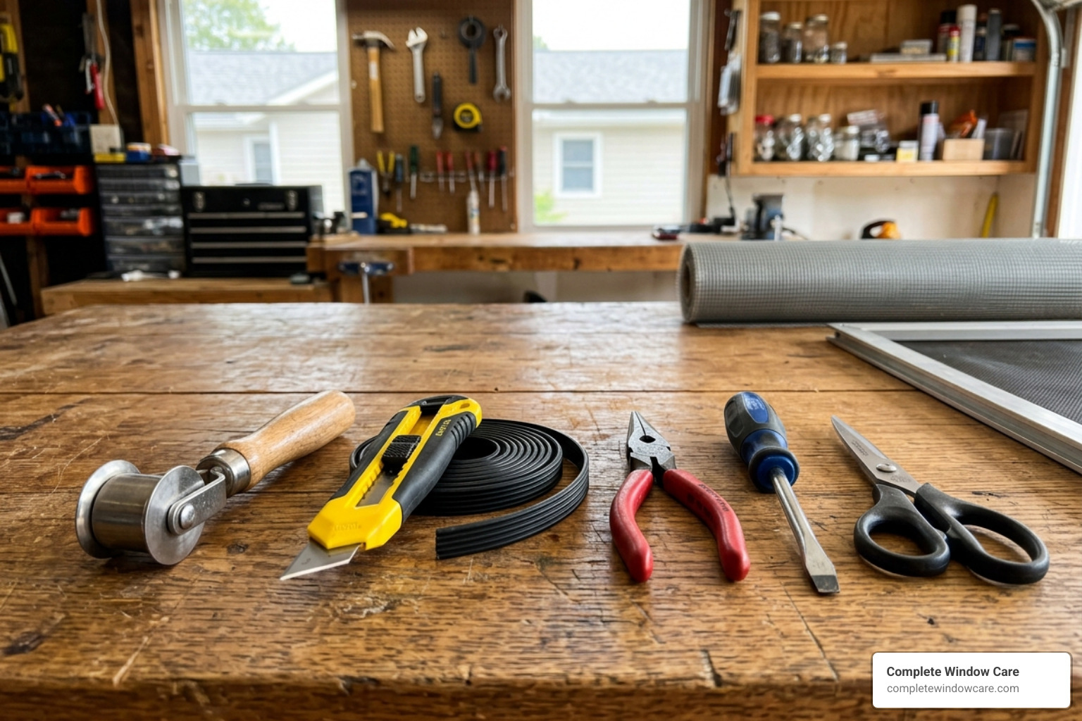 A collection of screen repair tools including a spline roller, utility knife, and replacement spline - replace screen in