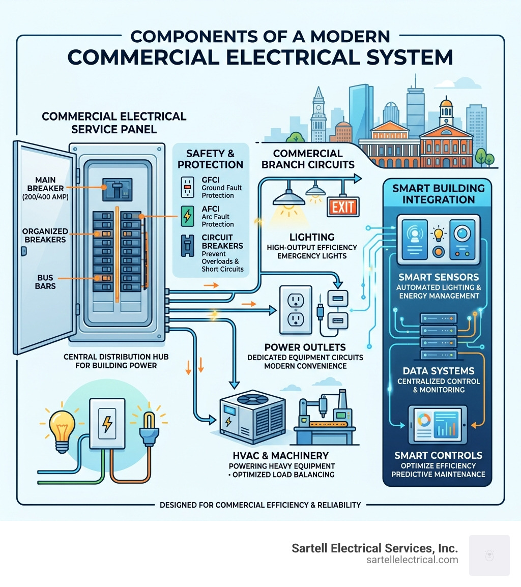 Components of a modern commercial electrical system including panel, circuits, and smart integration - Electrical wiring Components of a modern commercial electrical system including panel, circuits, and smart integration - Electrical wiring