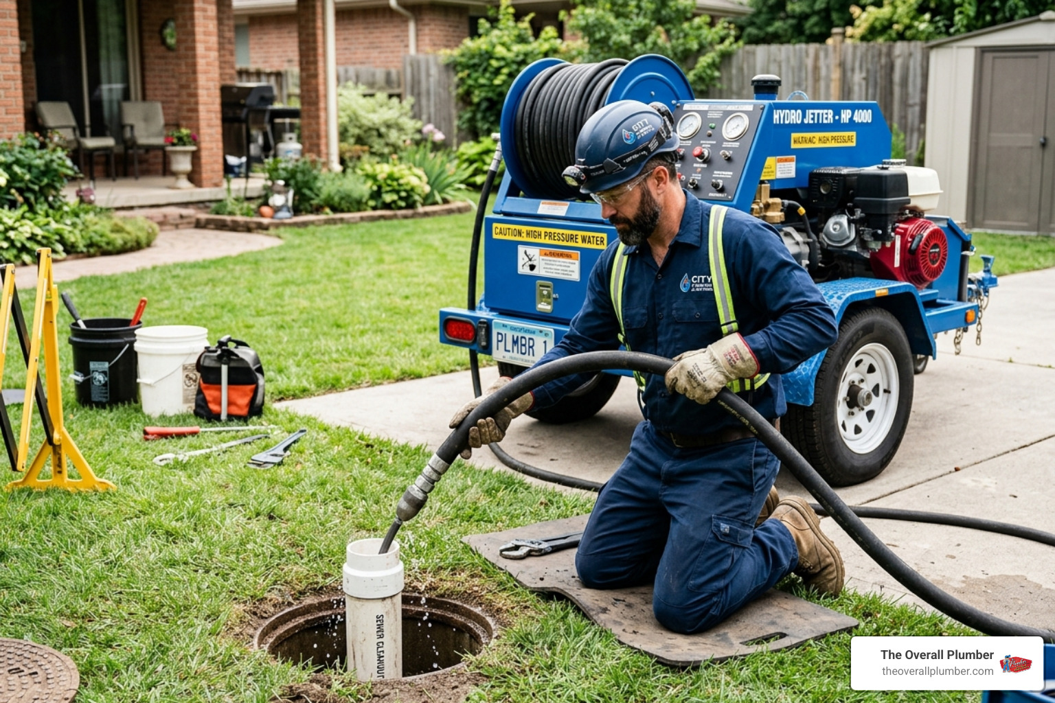 Professional plumber using hydro jetting equipment on a residential sewer line - hydro jetting services