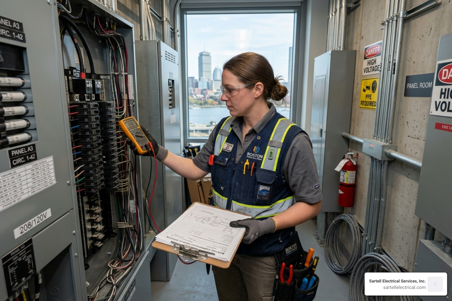 Electrician performing a detailed property assessment for a new wiring project - Electrical wiring installation Boston Electrician performing a detailed property assessment for a new wiring project - Electrical wiring installation Boston