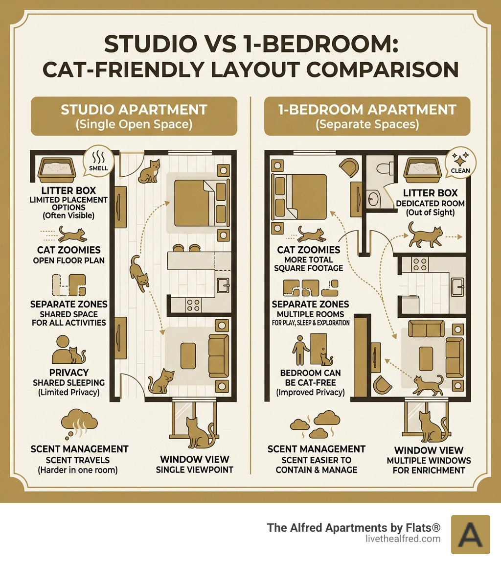 Infographic comparing studio vs one-bedroom apartment layouts for cat owners - 1 bedroom cat friendly apartments infographic 