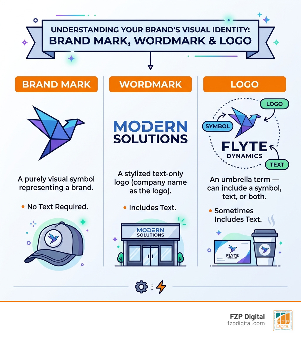 Infographic showing the difference between a brand mark, wordmark, and logo with visual examples - brand mark infographic Infographic showing the difference between a brand mark, wordmark, and logo with visual examples - brand mark infographic