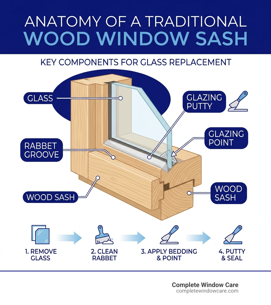 Anatomy of a traditional wood window sash showing glass, rabbet groove, glazing putty, and glazing points - replacing window