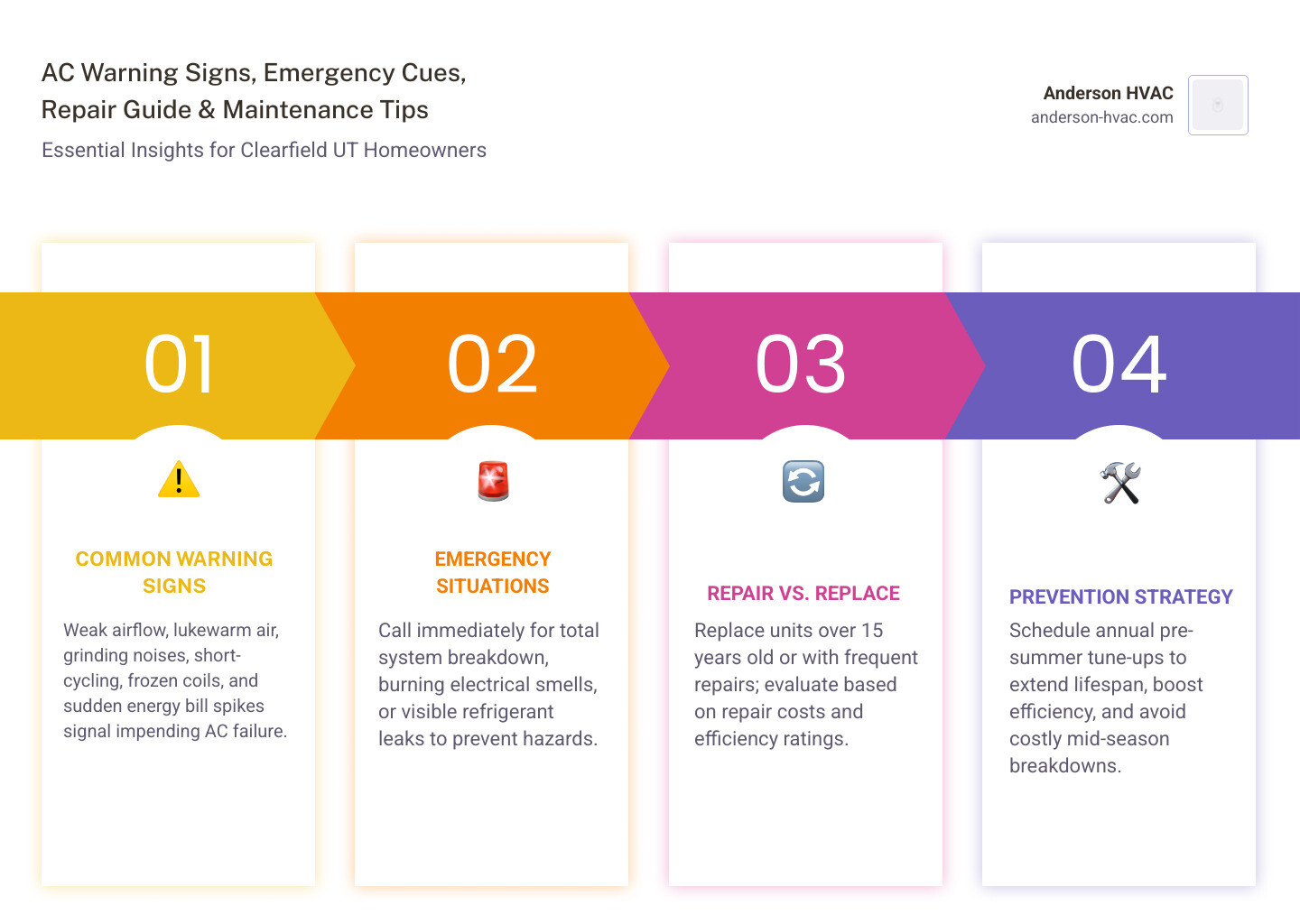 Infographic showing common AC warning signs, when to call for emergency repair, repair vs replace guide, and maintenance