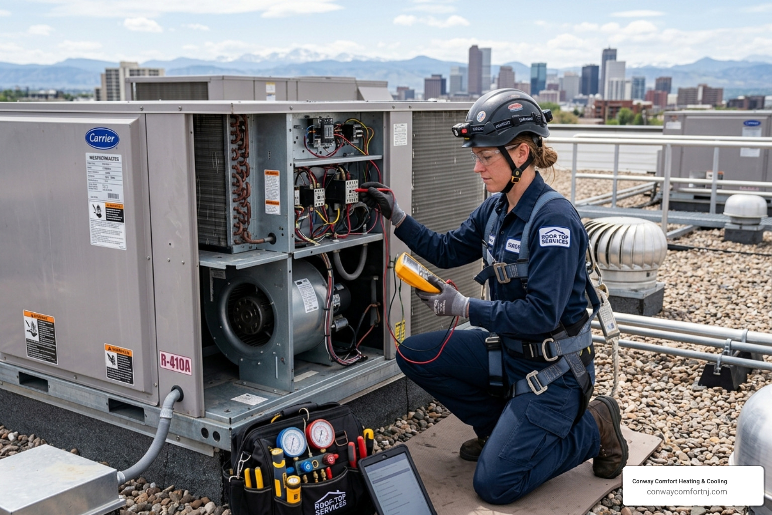technician performing multi-point inspection on commercial HVAC system - commercial ac service