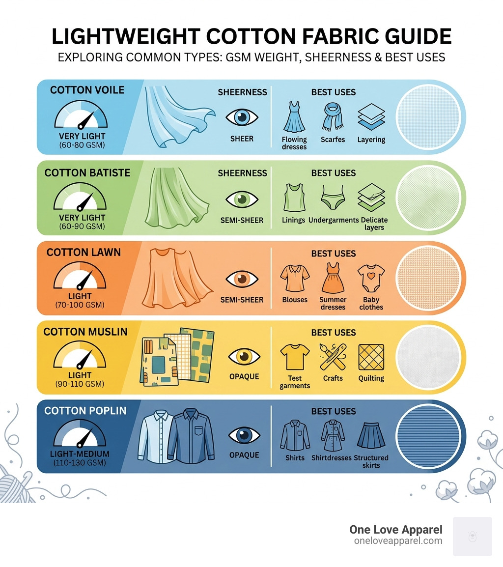 Infographic showing lightweight cotton fabric types by GSM weight, sheerness, and best uses - lightweight cotton fabric