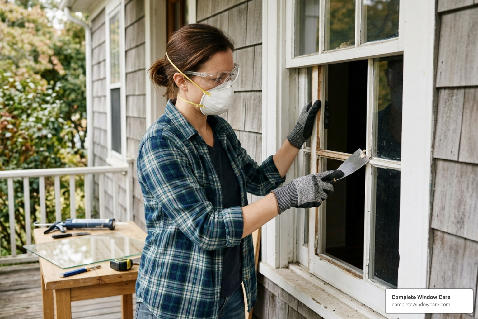 DIYer wearing safety gear and holding a putty knife - replacing window pane in wood frame