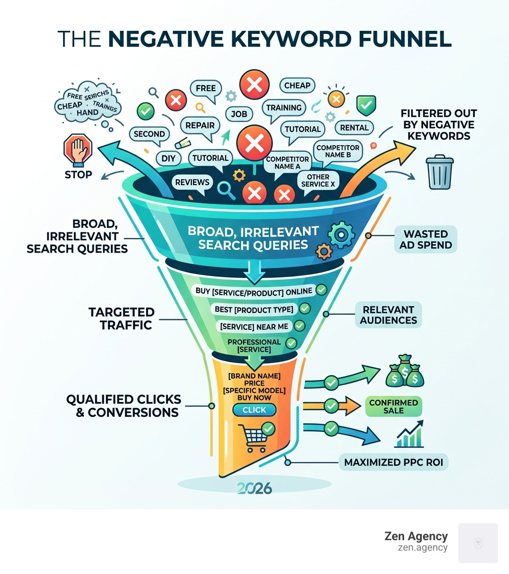 Infographic showing the negative keyword funnel from broad search queries to qualified clicks - Negative keyword strategy Infographic showing the negative keyword funnel from broad search queries to qualified clicks - Negative keyword strategy