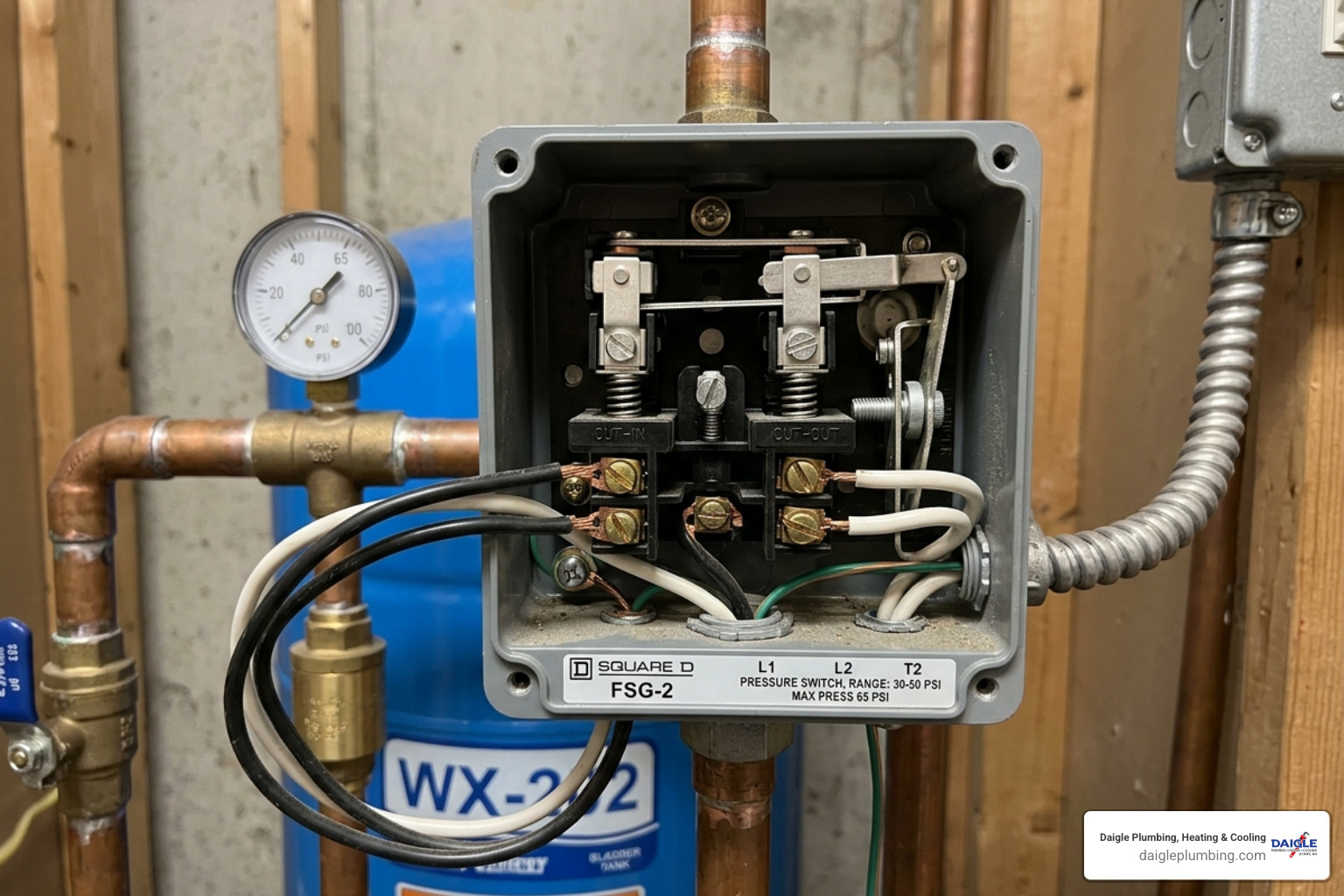 Close up of a well pump pressure switch showing electrical contacts - well pump horsepower upgrade Close up of a well pump pressure switch showing electrical contacts - well pump horsepower upgrade