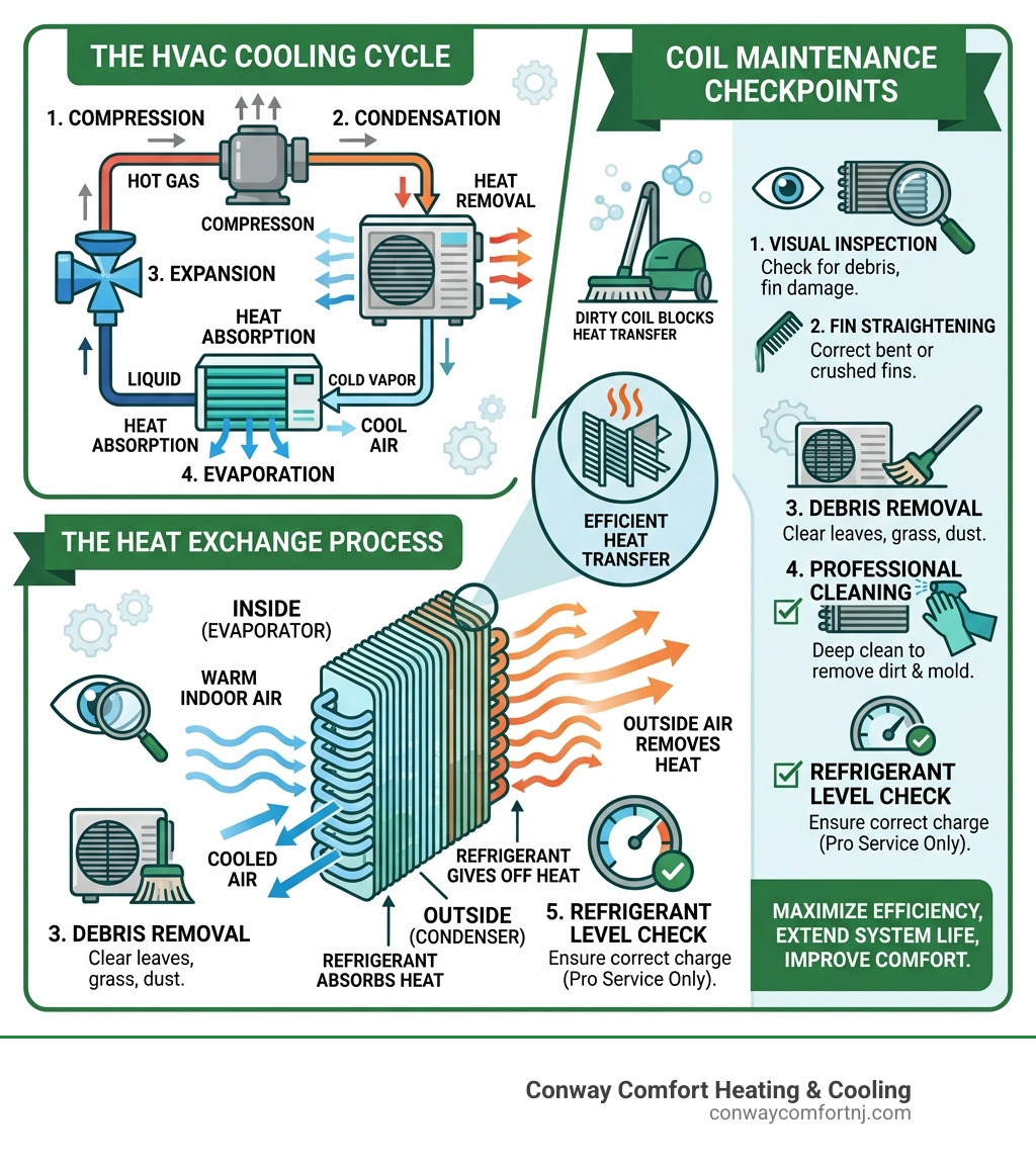 Infographic showing HVAC cooling cycle, heat exchange process, and coil maintenance checkpoints - hamilton hvac coil experts