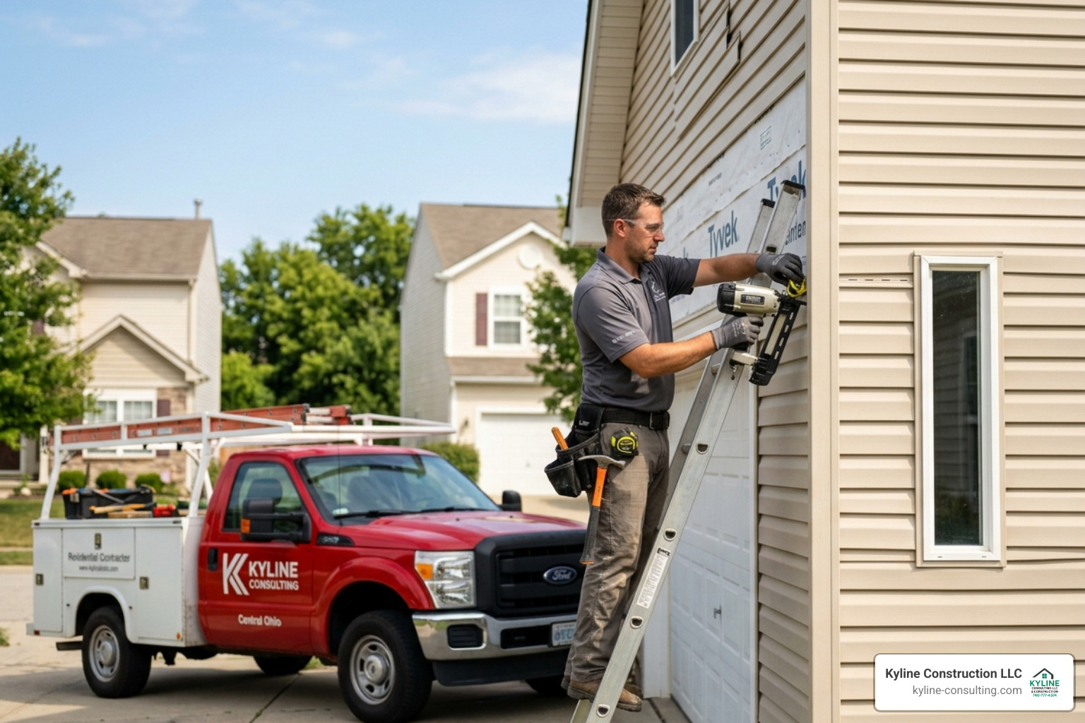 A professional contractor installing insulated vinyl siding on a residential home in Central Ohio with a Kyline Consulting A professional contractor installing insulated vinyl siding on a residential home in Central Ohio with a Kyline Consulting