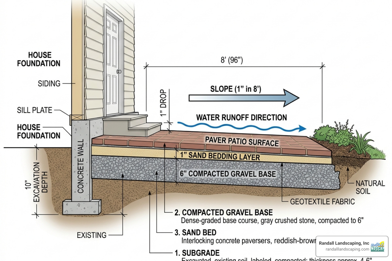 A diagram showing a cross-section of a patio with a 1-inch per 8-foot slope away from a house foundation - professional