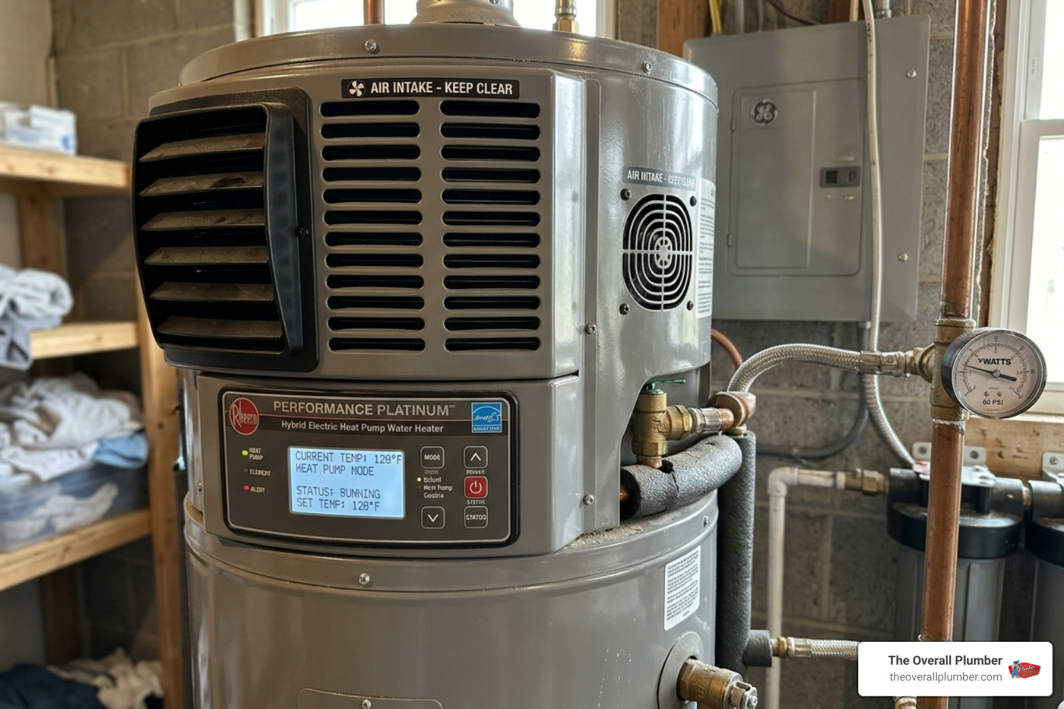 Heat pump water heater showing air intake and digital controls - water heater installation