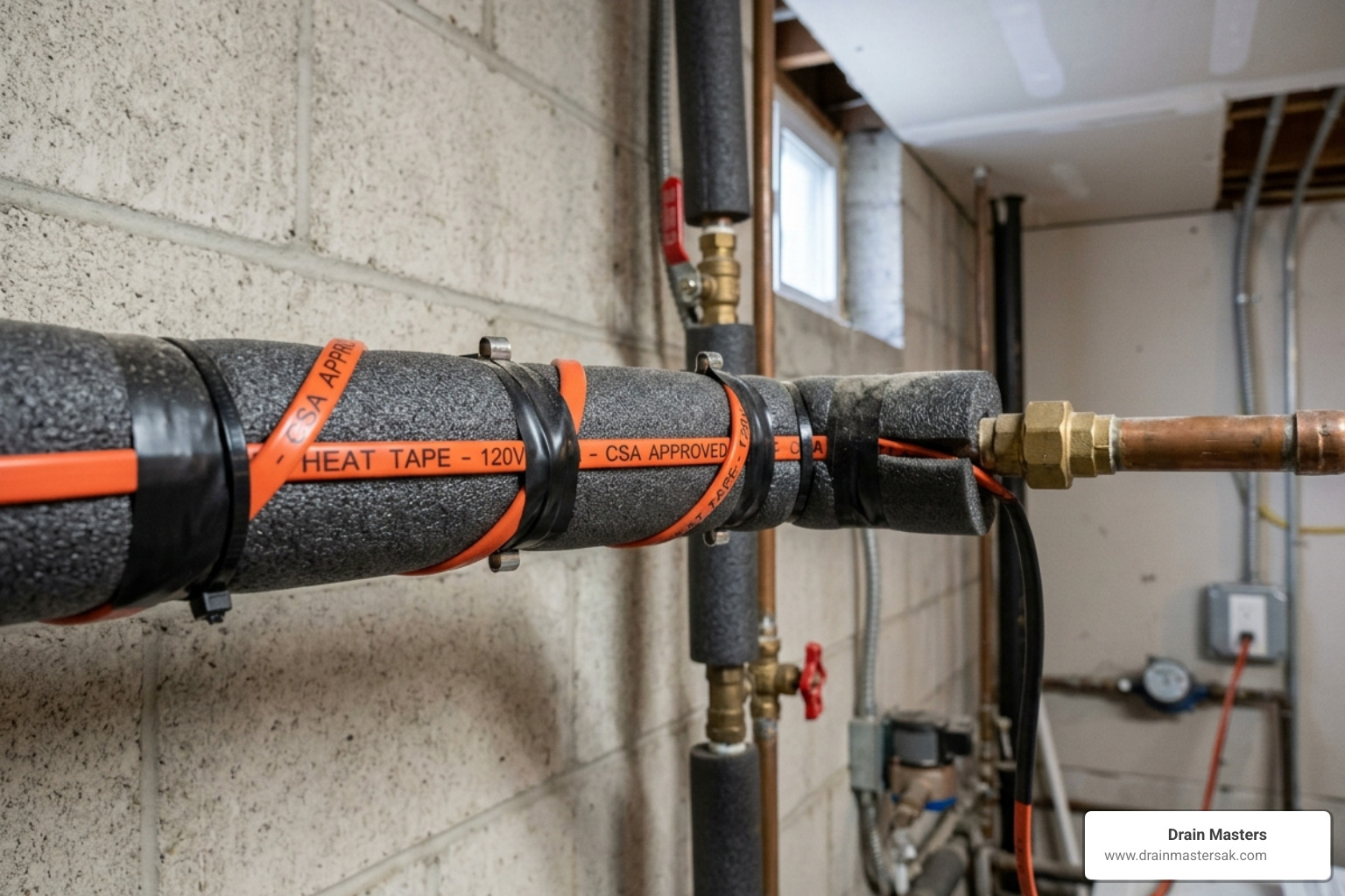 Close-up of pipe insulation and heat tape installed on a water line - 24/7 plumbing anchorage ak