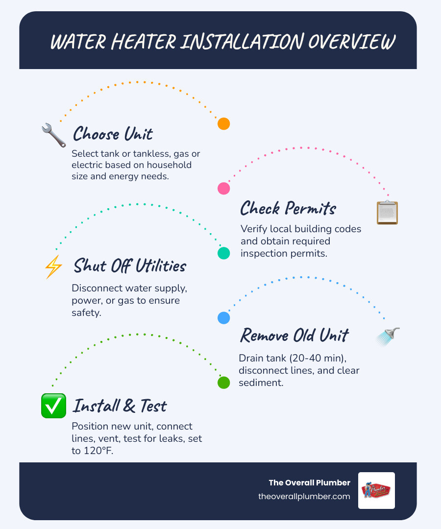 Water heater installation overview: steps, costs, types, and key considerations - water heater installation infographic