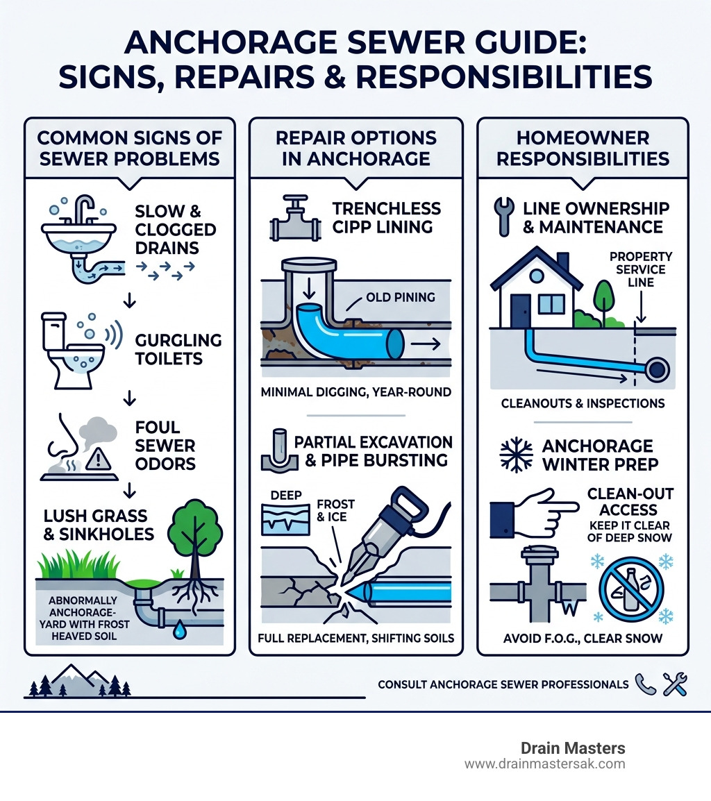 Infographic showing common signs of sewer problems, repair options, and homeowner responsibilities in Anchorage - sewer pipe